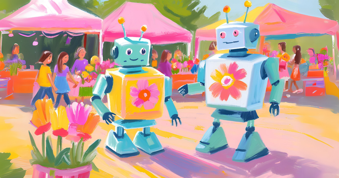 Zwei Roboter besuchen einen Ostermarkt.