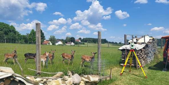 Tachymeter neben Wildgehege mit Rehen